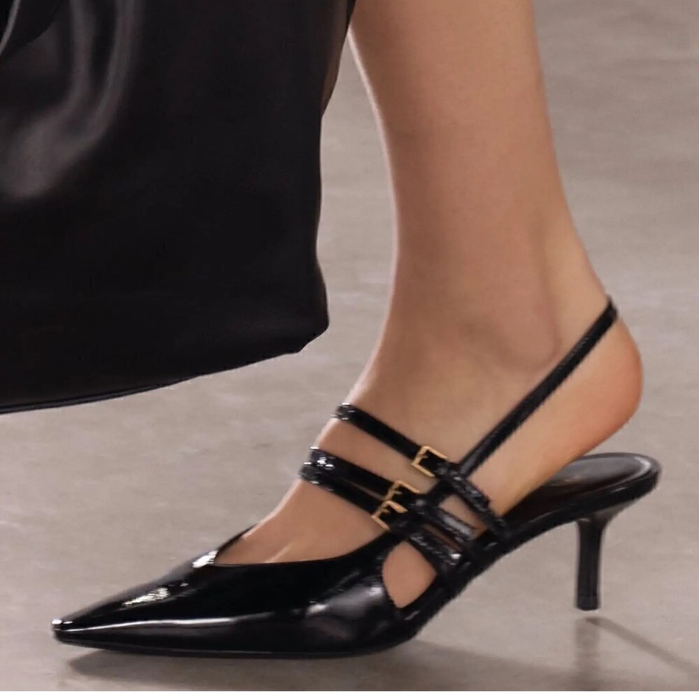 Zara Black Patent Leather Pointed Slingback Heels